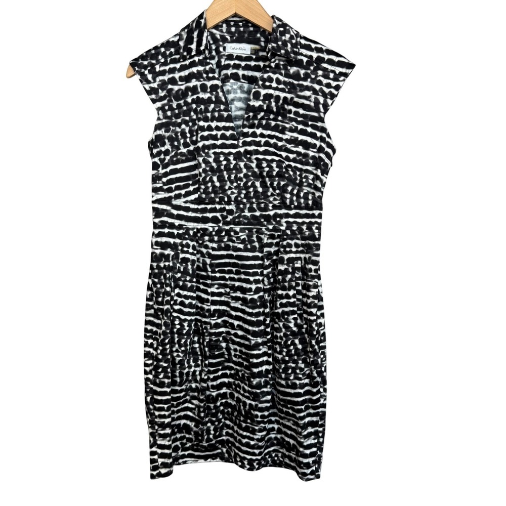Calvin Klein Abstract Print Sheath Dress‎ Women's 4 Black White Sleeveless